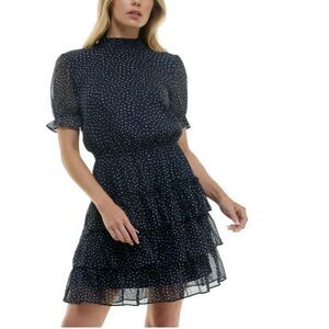 Crystal Doll Polka Dot Chiffon Short‑Sleeve Fit & Flare Dress Blue XS